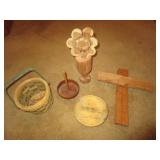WOODEN CROSS, BOWLS, FLOWERS, & BASKET