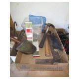 HAMMER, VINTAGE GRAIN SCOOPER, LEVEL, NAILS, &