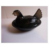 BLACK FROSTED GLASS HEN ON NEST COVERED CANDY DISH