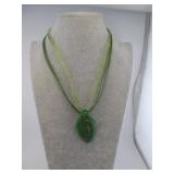 GREEN ART GLASS LEAF PENDANT NECKLACE GOLD SWIRL