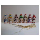 7 PC WOODEN SNOWMAN CHRISTMAS ORNAMENT SET W/
