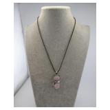 PINK CAT PENDANT NECKLACE SILVER TONE BLACK CORD