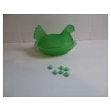 FROSTED GREEN GLASS HEN ON A NEST WITH TINY