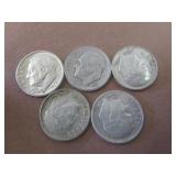 5 Roosevelt Dimes 90% Silver
