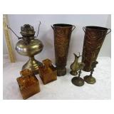 Brass Metal Vases & Amber Bottles