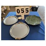 2 Silver Serving Trays & 1 Glass Serving