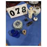 Blue bottle, candle holder, metal tin, 2 glass