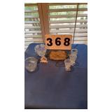 old wood small tray, a glass bowl, a wall hanger,