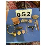 9 items, silver metal purse, old camera, scissor