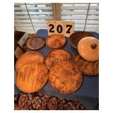 Wood bowl with lid, 7 wood serving round trays 10