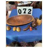 Old Dough Bowl and wood vegetables and fruit