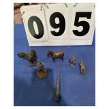 Metal chicken, mule, toy soldiers, Indian and