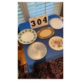 3 glass serving dishes, silver tray and one plate