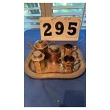 Silver tray (no markings), 5 silver items (tea set