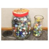 JAR OF MARBLES, MILK BOTTLE OF MARBLES