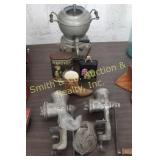 2 MEAT GRINDERS, TINS, VINTAGE GAS COFFEE MAKER 2 MEAT GRINDERS, TINS, VINTAGE GAS COFFEE MAKER