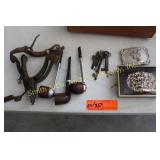 3 OLD PIPES, SKELETON KEYS, SPURS, BELT BUCKLES