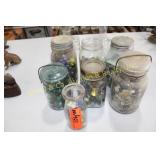 4 JARS OF MARBLES, 1 MILK JAR, 2 JARS OF BUTTONS 4 JARS OF MARBLES, 1 MILK JAR, 2 JARS OF BUTTONS