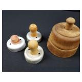 Old Wooden Butter Press & 3 Biscuit Cutters