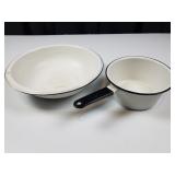 Vintage White & Black Enamelware Bowl & Pan Set