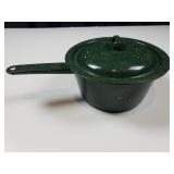 Vintage Dark Green & White Enamelware Sauce Pan