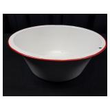 Vintage Large White & Red Enamelware Dish Bowl