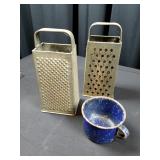 Vintage Blue Enamelware Cup & 2Bromco Hand Graters