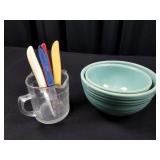 Set of Small Green Crockery Mixing Bowls & Measure