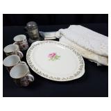 Vintage Rose Tea & Cake Set, Lace Tablecloth,etc.