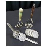 Vintage Potato Mashes, Garlic Squeeze, Snuff Lids