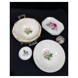 6 Vintage Rose China Items & Stainless Serve Stand