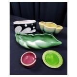 3 Unusual Vases, 1 Leaf Bowl Server,2 small Dishes