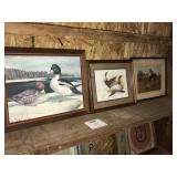 Two duck framed paintings & one bucking bronco