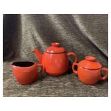 Frankoma tea pot, sugar bowl, creamer