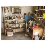 Motor oil, shop brushes, scrap metal, workbench