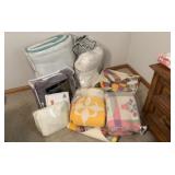 Vintage double wedding ring quilt, blankets, etc.