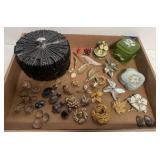 Vintage Black Glass Powder Box, Brooches, etc.