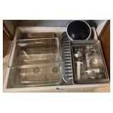 Pyrex glass pans, bakeware, meat grinder, etc.