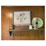 Wooden Shelf, metal decor, etc.