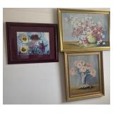 (3)- Framed Floral Canvas & Paint Artwork
