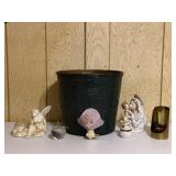 Basket Planter, Brass Candleholder & Figurines