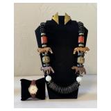 Chunky Wood & Brass Beaded Necklace & Earrings