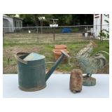 Resin Garden Rooster, Brass Bell & Watering Can