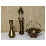 Brass Oil Lamp, Vase & Basket