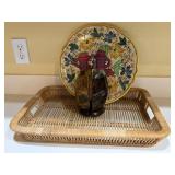 Italian Ceramic Plate, Rattan Tray, & Cruet Set