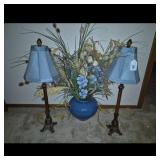 Pair of Blue Table Lamps with Floral Arrangement
