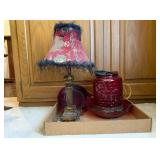 Red Glass Jar & Small Table Lamp