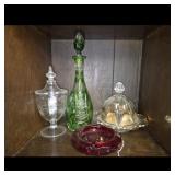 Glass Decanter, Ashtray, and Covered Dish