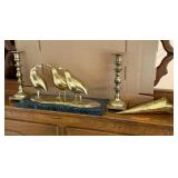 Brass Quail, Candlesticks & Horn Vase