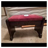 Wooden Footstool with Red Velvet Upholstery